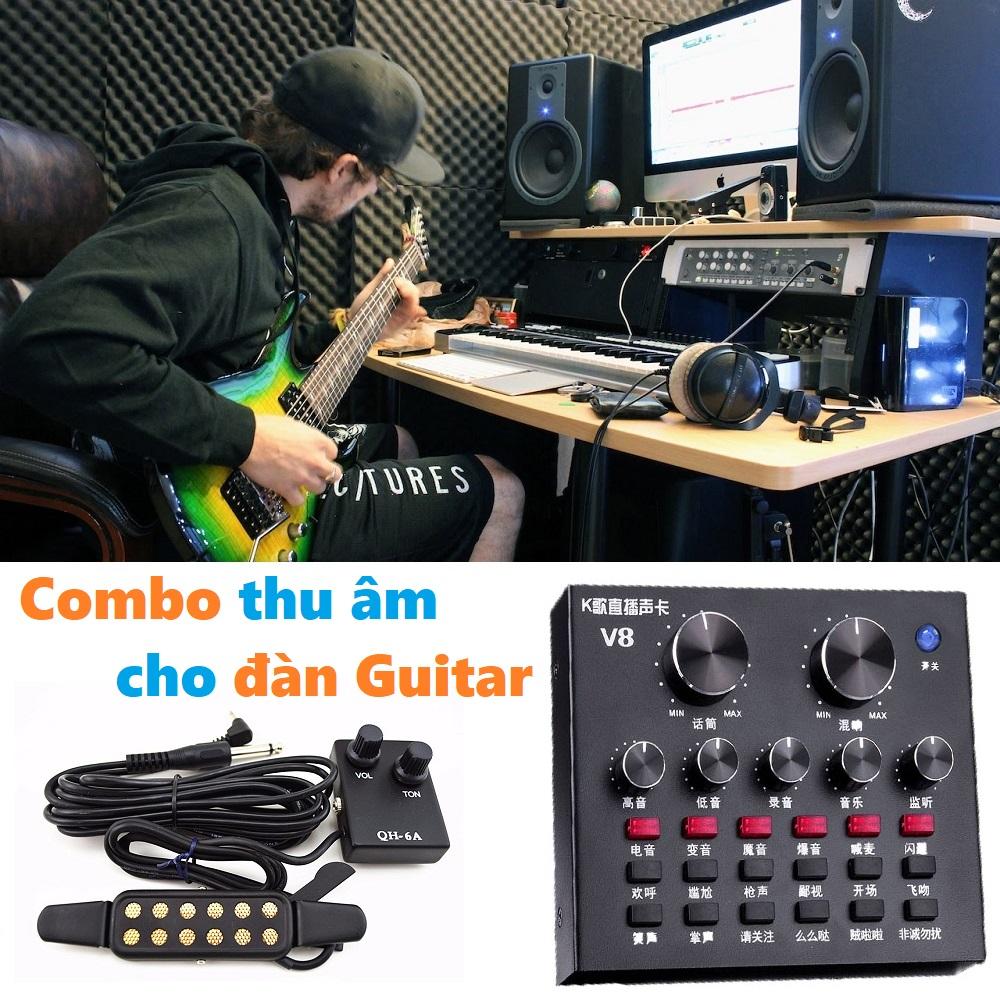 Bộ thu âm cao cấp cho đàn Guitar - Phụ kiện Guitar Sound card V8 Pro + Guitar Pickup QH-6A