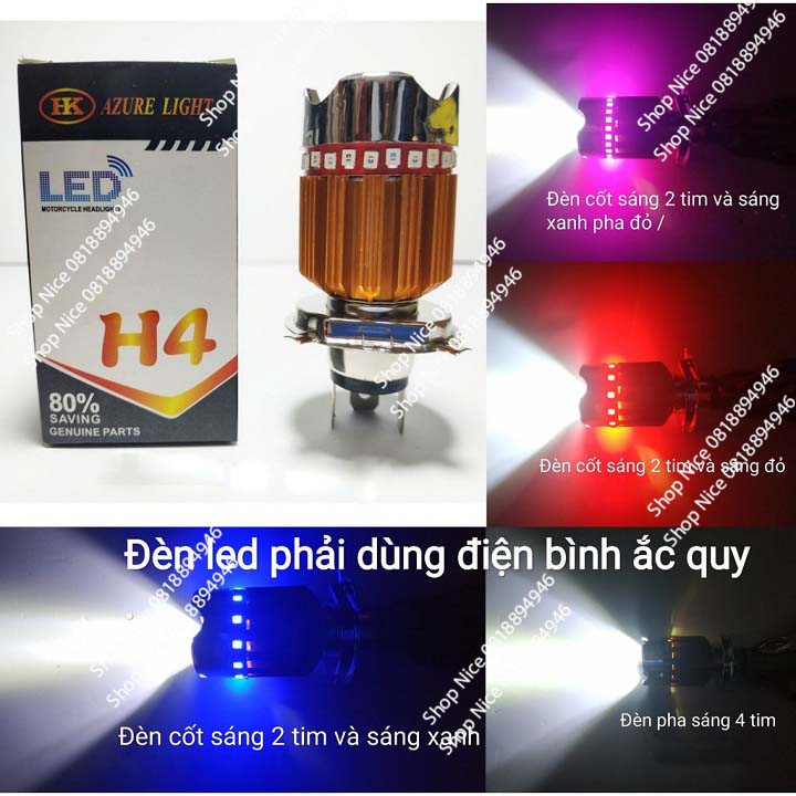 Đèn pha Led xe máy 7 màu 4 tim chân H4