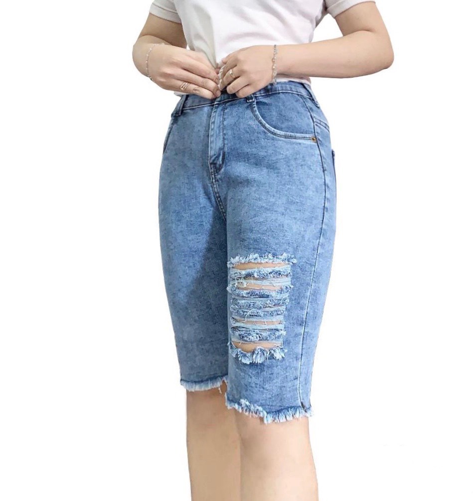 [HCM][60kg~90kg] Quần jean ngố / lửng BIG SIZE lưng cao co dãn mạnh rách đẹp 3287 - MoliJeans