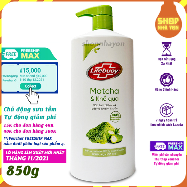 Lifebuoy Sữa tắm detox Lifebuoy Matcha & Khổ qua 850g chiết xuất từ thiên nhiên giúp ngăn ngừa mụn cơ thể và sạch sâu khỏi bụi mịn PM2.5