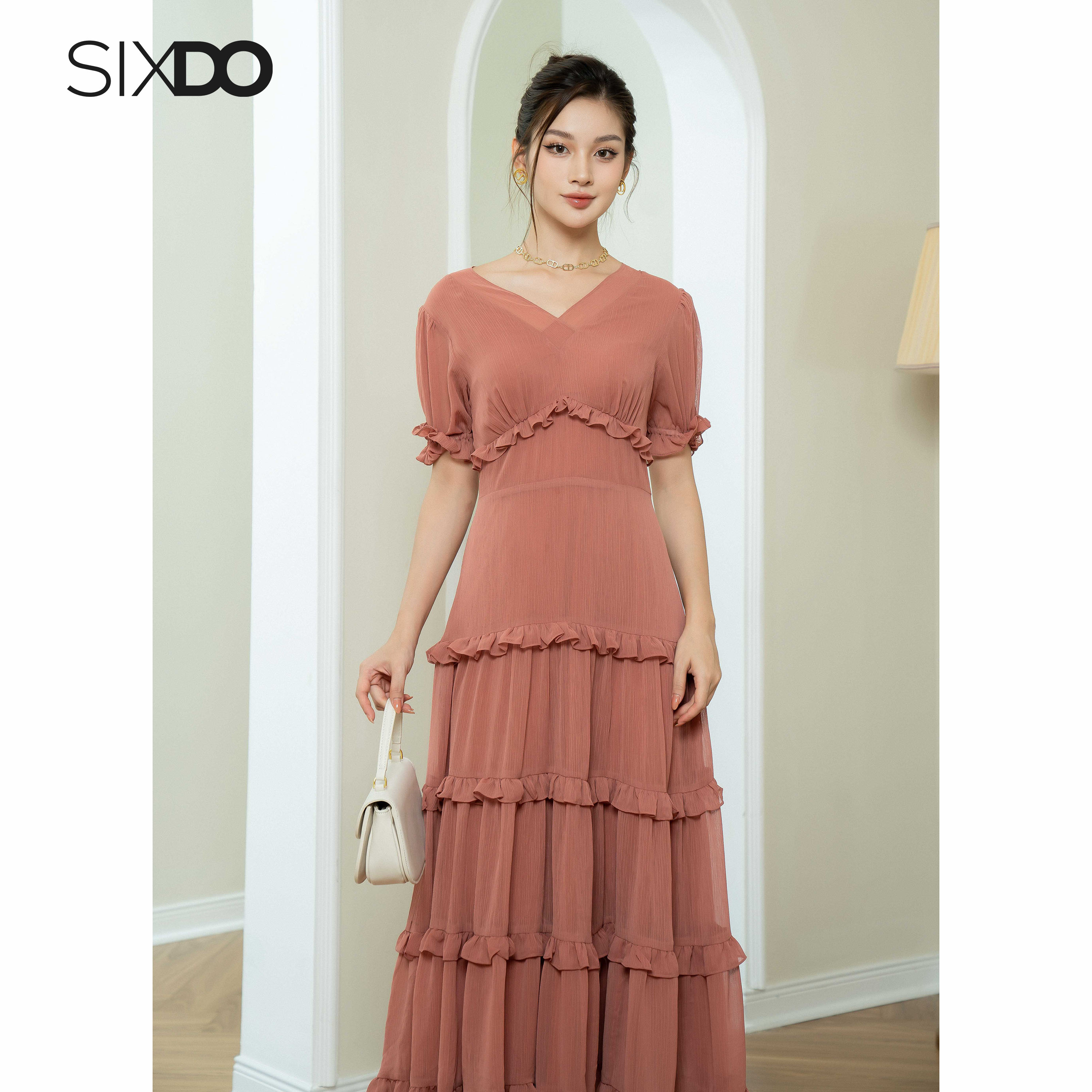 Đầm maxi voan cổ V SIXDO (Russet Midi Voile Dress)