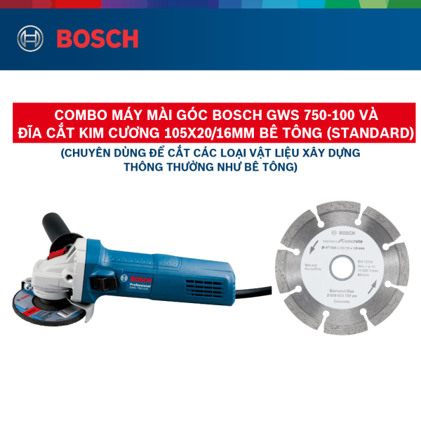Combo Máy mài góc Bosch GWS 750-100 và Đĩa cắt kim cương 105x20/16mm bê tông (Standard)