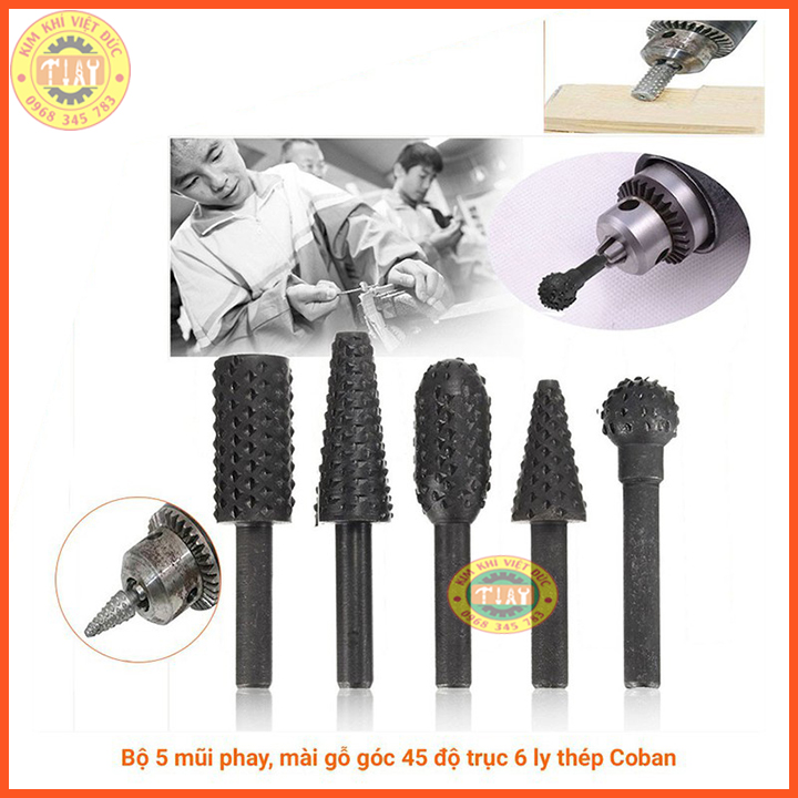 Bộ 5 mũi phay mài khắc làm lũa gỗ cán 6mm