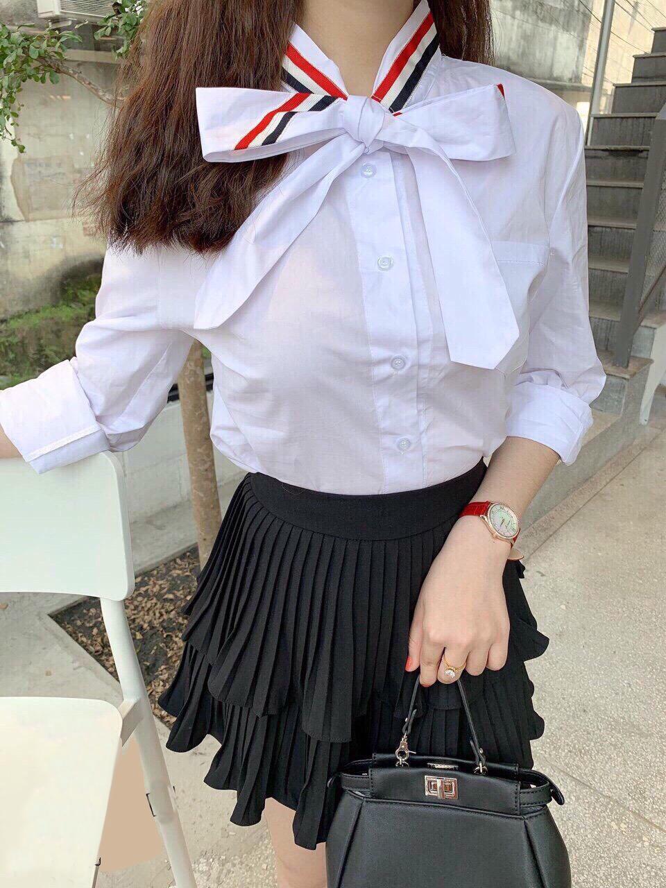 Áo sơ mi nữ sọc cổ kèm nơ