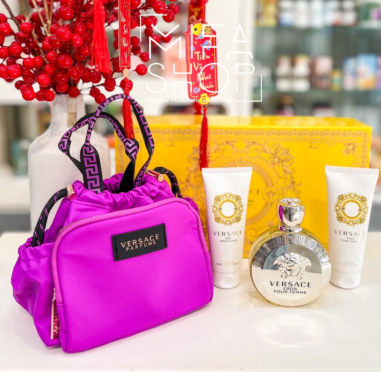 Giftset nước hoa versace eros nữ edp 100ml, lotion 75ml, sữa tắm 75ml, túi xách tím nữ tính- quà tặng 8-3