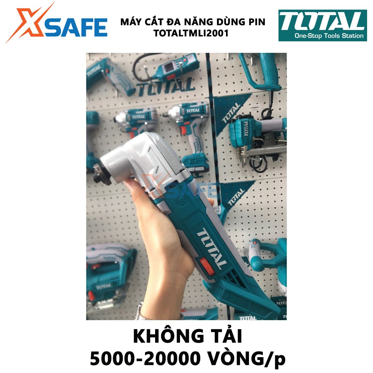 Máy cắt cầm tay dùng pin 20V Total TMLI2001 máy cắt đa năng kèm 1 dao cạo nhám, lưỡi cưa, lưỡi phân khúc, chìa khóa, giấy nhám đồng bằng và 3 giấy nhám, tốc độ không tải 5000-20000v/p, không kèm theo pin và cục sạc