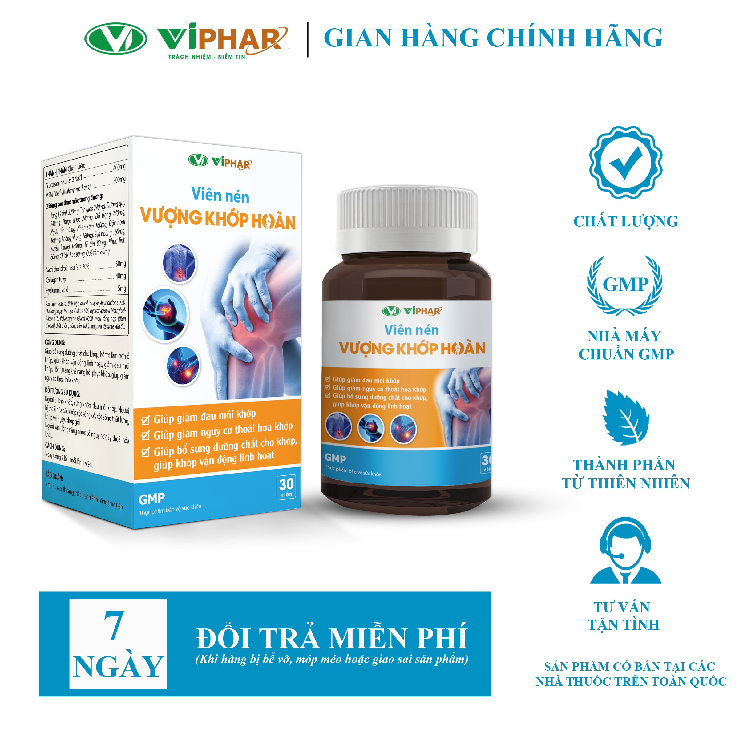 Viên uống giảm đau khớp, khô khớp, thoái hoá khớp vượng khớp hoàn viphar hộp 30 viên