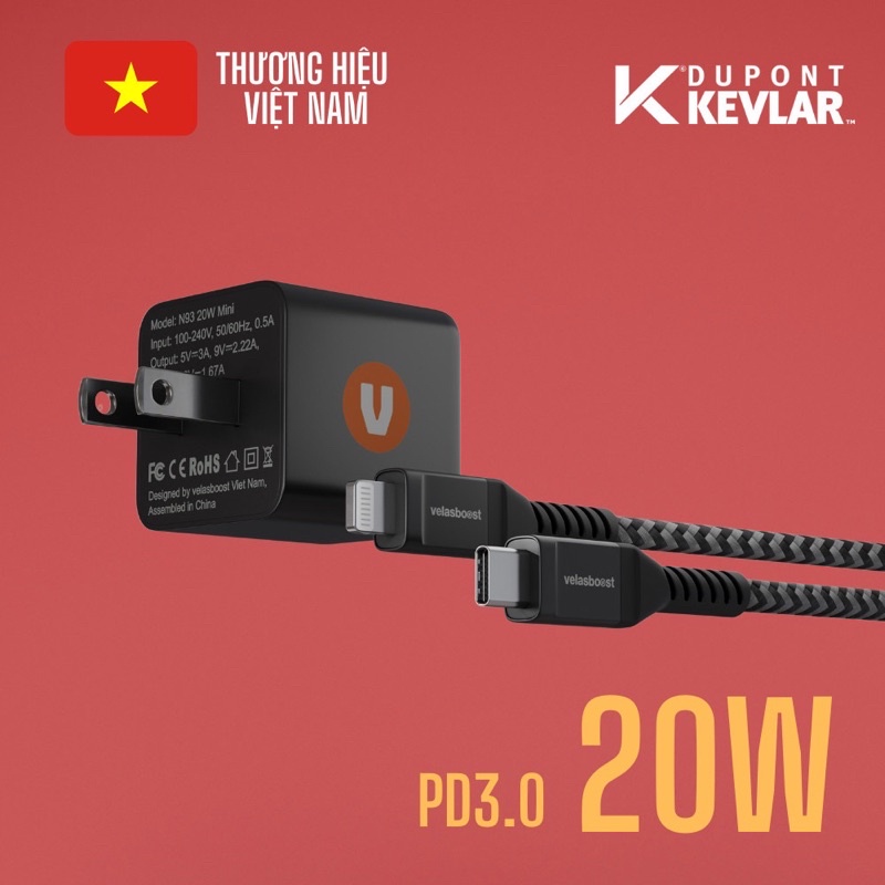 Bộ sạc Velasboost 20W cho IPchuẩn MFI (Củ 20W mini Cáp bọc dù SD1 1,8m)