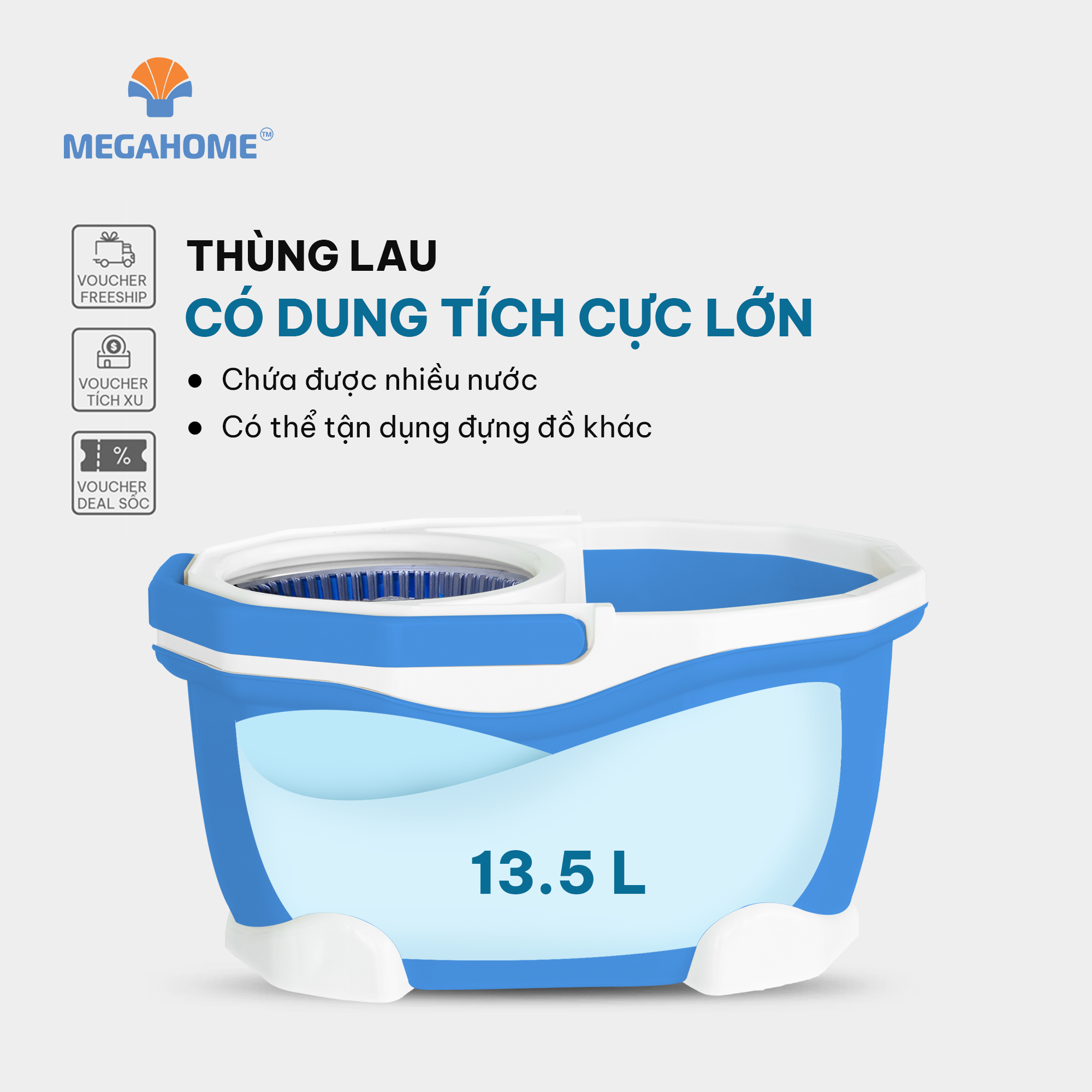 Bộ lau nhà Megalife C2, dung tích 14l, lồng vắt nhựa, xoay 360 độ