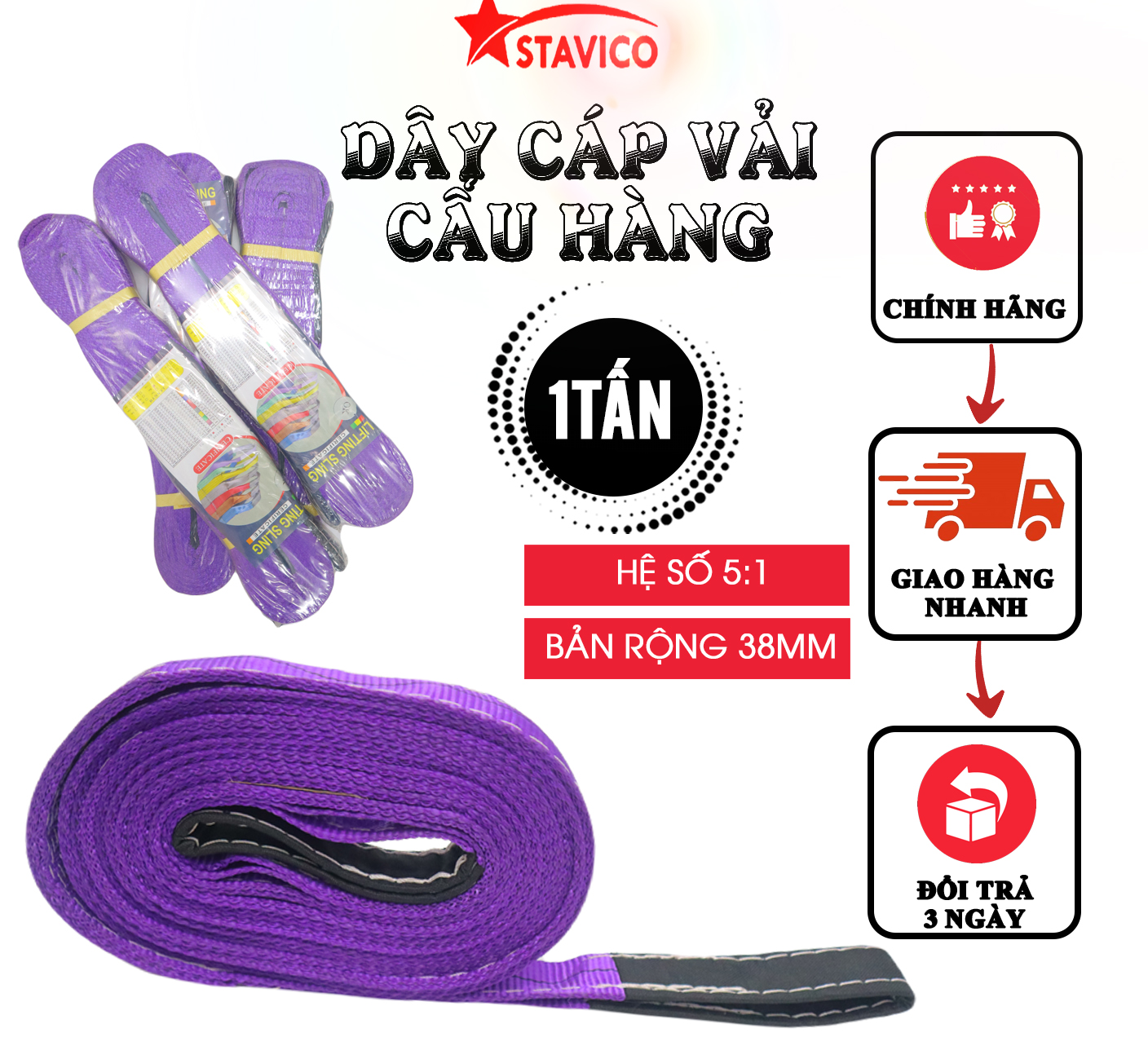 Dây cáp vải cẩu hàng 1 tấn, hệ số 5:1