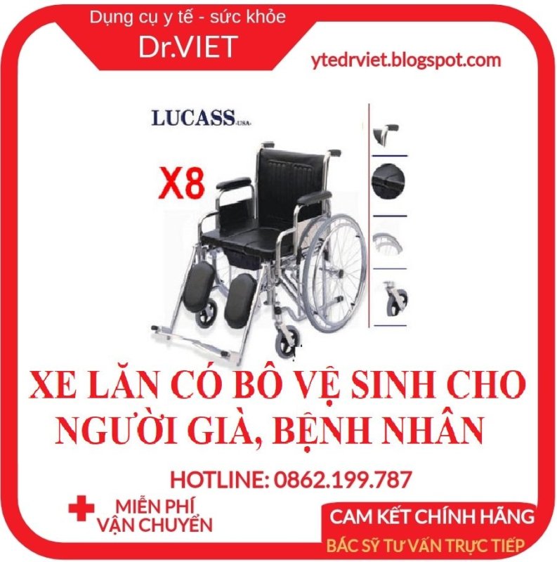 Xe lăn có bô vuông Lucass X8 - Xe lăn có bô vệ sinh cho người già, bệnh nhân, người khuyết tật, chỗ ngồi rộng,độ bên cao nhập khẩu