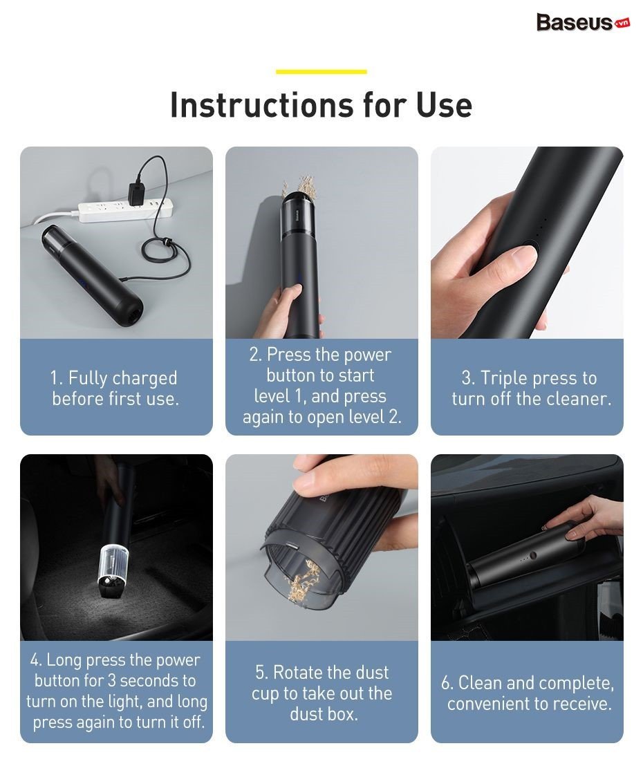 Máy hút bụi Baseus cầm tay A3 Car Vacuum Cleaner (15000pa, 135W, Vacuum Portable Cleaner)