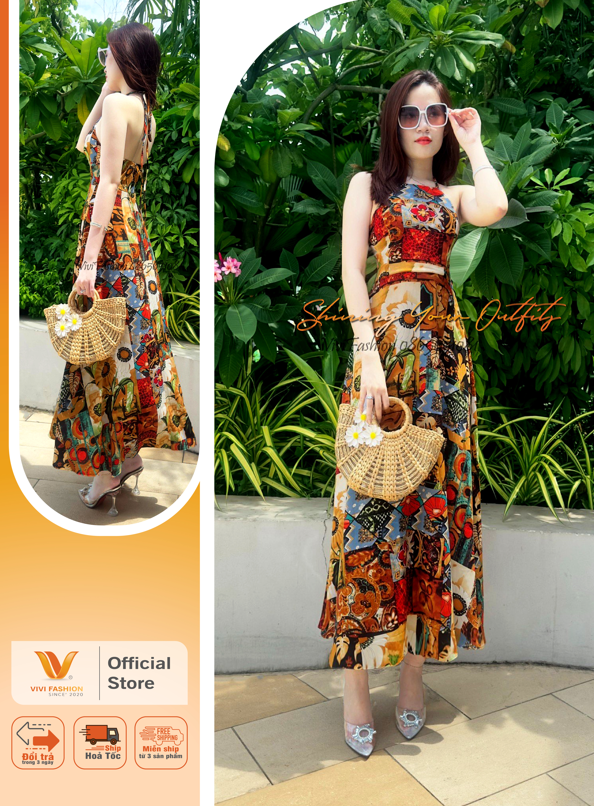 Đầm maxi thổ cẩm cổ yếm, maxi đi biển sang trọng, maxi lụa mango cao cấp