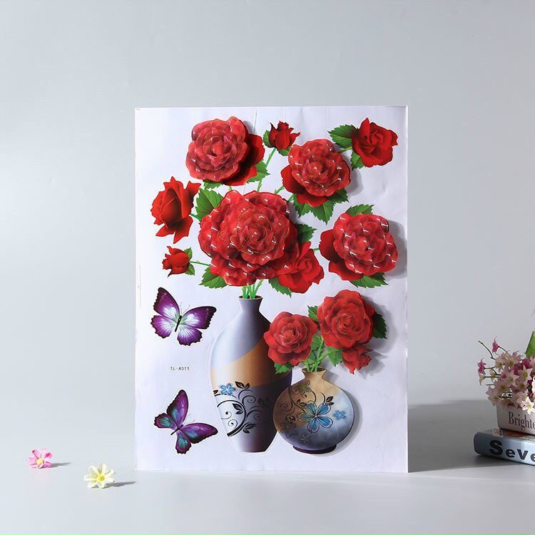 Tranh Decal Dán Bình Hoa 3D Hoa Nổi Trang Trí