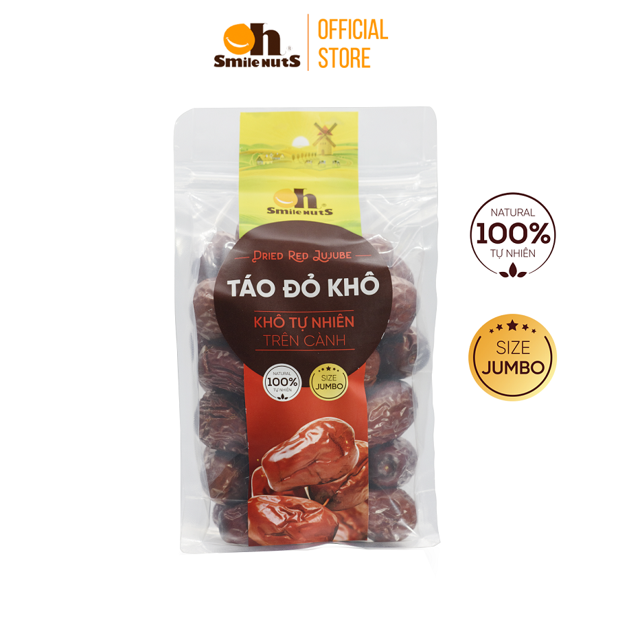 Táo Đỏ Khô Tân Cương Oh Smilenuts nhập khẩu túi 250g - Táo đỏ Tân Cương CAO CẤP, Quả siêu to size Jumbo, táo đỏ chín khô tự nhiên, hàng tuyển chọn _ Quả to, thịt dày, vỏ mỏng, hoàn toàn khô tự nhiên không sấy nhiệt