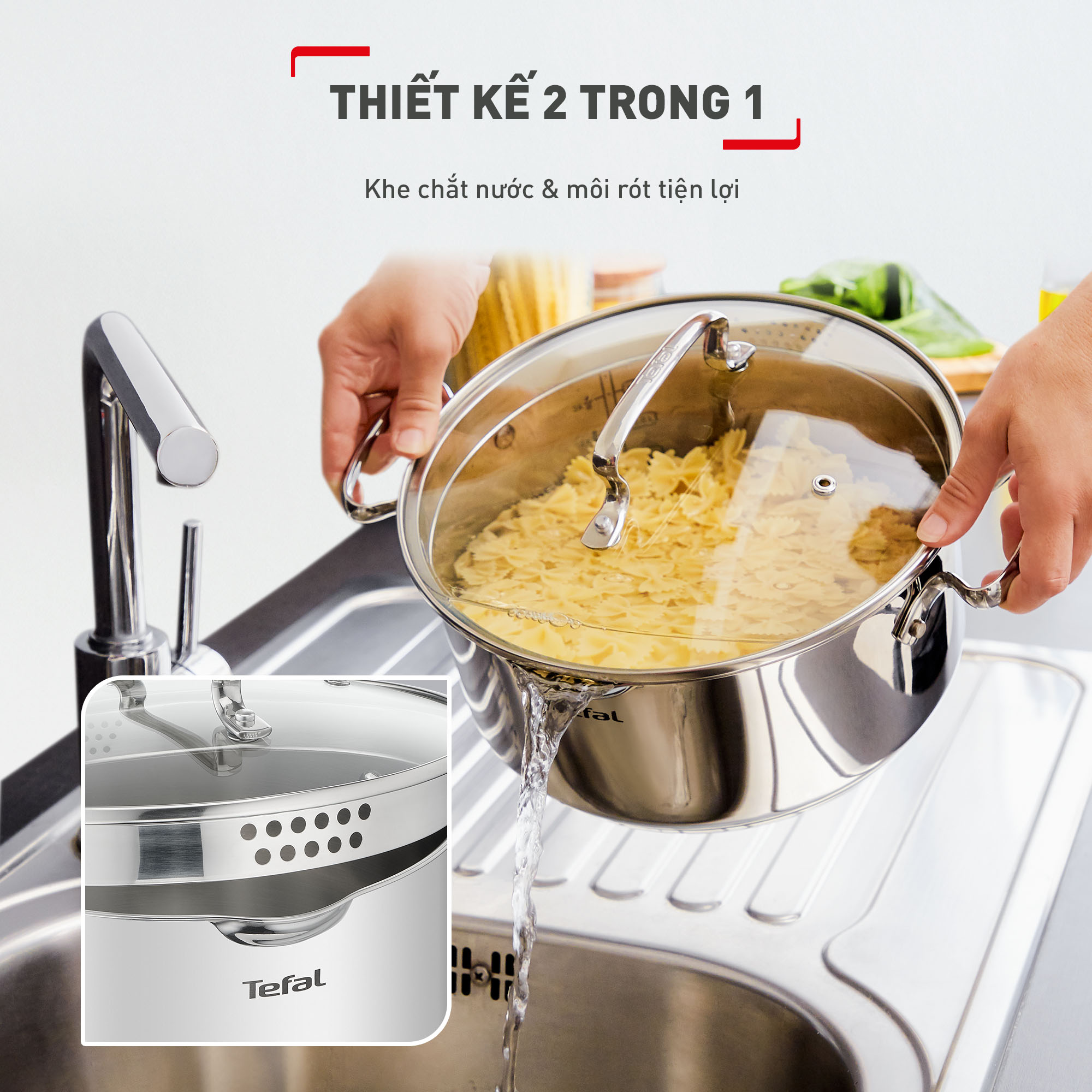 [SẢN PHẨM MỚI] Bộ 5 nồi Inox cao cấp Tefal Duetto Plus (quánh 16cm, nồi hầm 18/20/24 cm, nồi luộc gà 22cm)