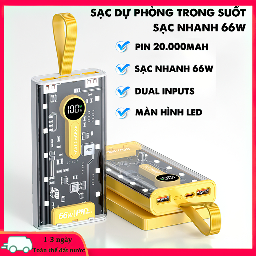 Pin sạc dự phòng 20000mah Hỗ trợ sạc nhanh 22.5W-40W, hỗ trợ đầu ra 66W tối đa，Tích hợp 2 cổng sạc đầu ra và màn hình Led hiển thị pin