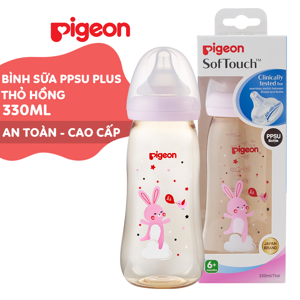 Bình Sữa Cổ Rộng PPSU Plus Thỏ Hồng Pigeon 330ml (L) -(HSD-10/2025)