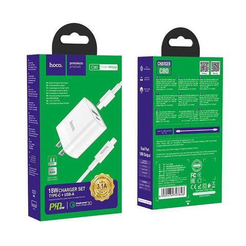 Bộ sạc nhanh QC3.0 HOCO C80 kèm cáp (cáp 1 đầu Type C, 1 đầu iPhone Lightning)