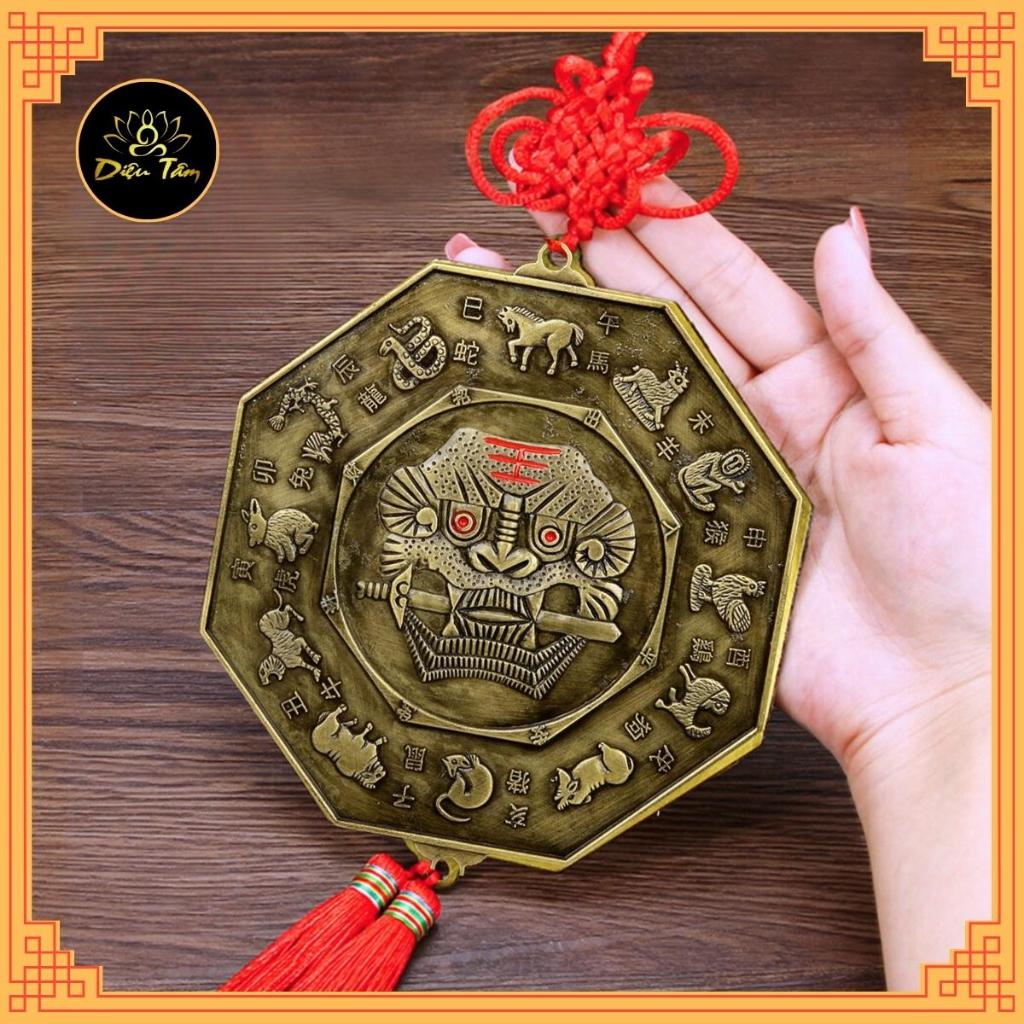Gương Bát quái âm dương mặt sau hổ phù gương bát quái phong thủy có dây treo tâm kết