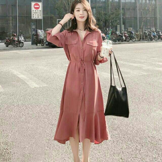 [HCM]Đầm sơ mi hồng ruốc túi hộp ( kèm ảnh thật)