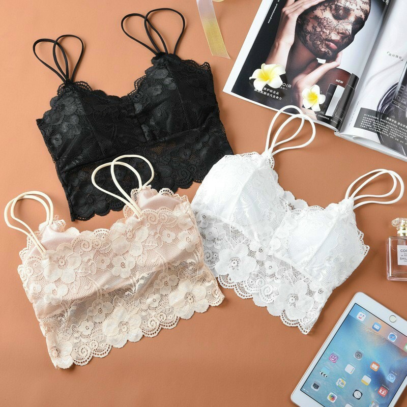 Áo bra ren hai dây siêu xinh 8013 - Bra ren hoa 2 dây dáng lửng croptop freesize dưới 56kg