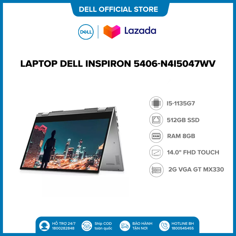 Laptop Dell Inspiron 5406-N4I5047Wv- i5-1135G7 | 8G DDR4 |  512Gb SSD NVMe | 2G VGA GT MX330|14 FHD Touch Non Active Pen| Window 10 |  Button FingerPrint| Xám