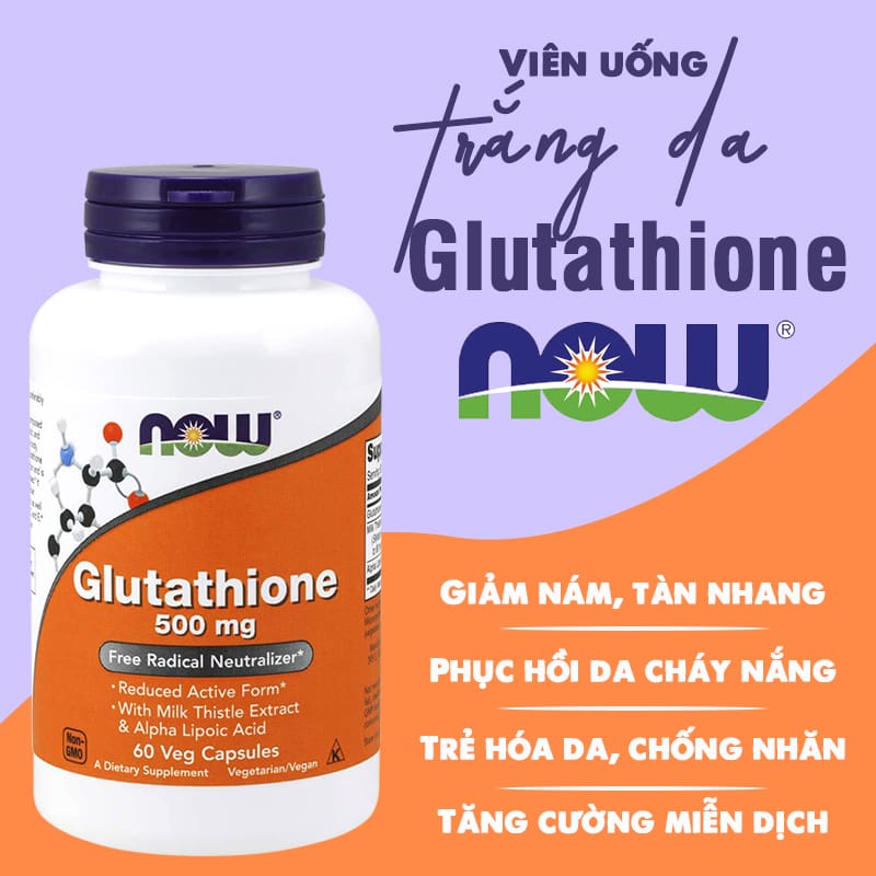 Viên uống hỗ trợ trắng da glutathione now 500mg 60 viên