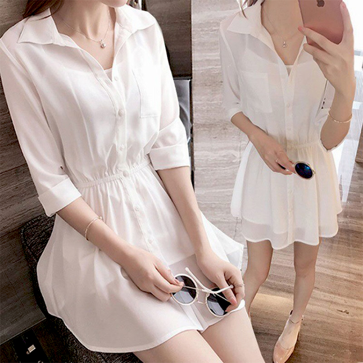 [HCM]Đầm sơ mi trắng tay dài bo eo dạo phố