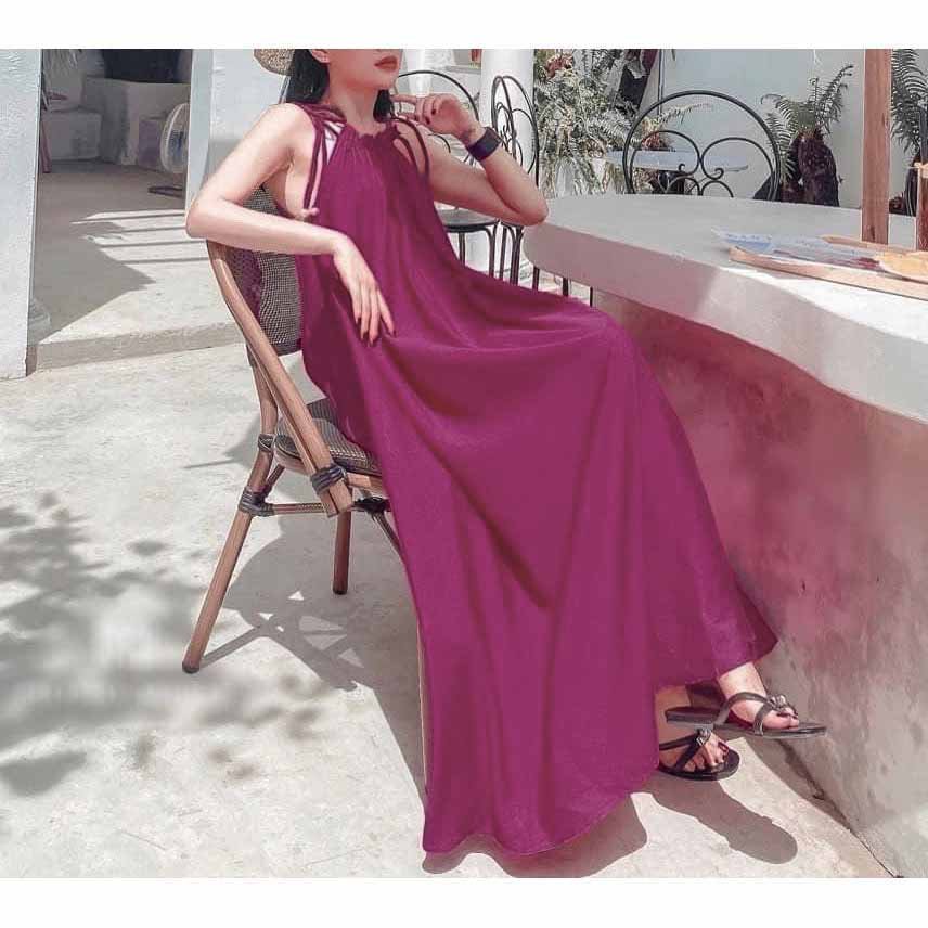Váy nữ sang chảnh chất đũi đầm dài hai dây tiểu thư dáng suông thiết kế cao cấp đủ size