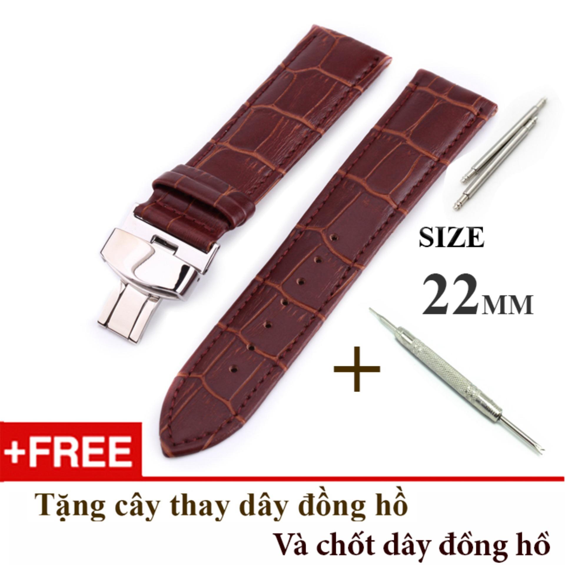 Dây đồng hồ da bò xịn SIZE 22mm, khóa bướm thép 316 (nâu-B09)