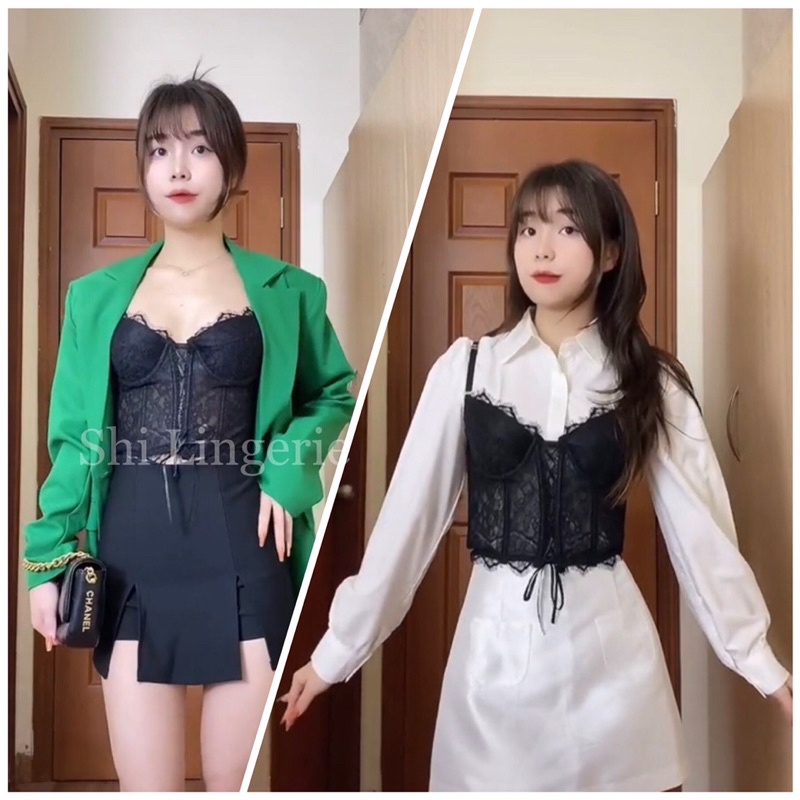 Áo corset ren dây đan (có sẵn mút ngực mỏng) [Shi.Lingerie]