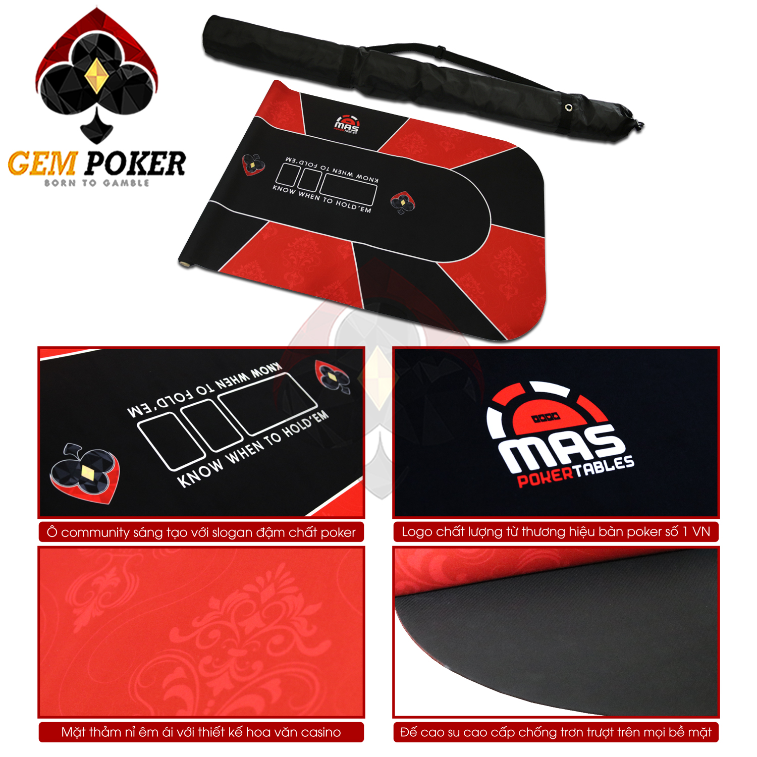 THẢM POKER TEXAS GEM RED 180x90CM CAO CẤP