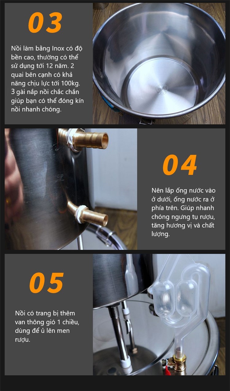 Bộ nồi nấu tinh dầu ruouINOX 12l-22L-35L nồi chưng cất tinh dầu nước hoa hồng đa năng 24cm dùng với bếp điện, bếp từ, bếp gas, bếp củi. Nồi hấp xôi, ủ lên men