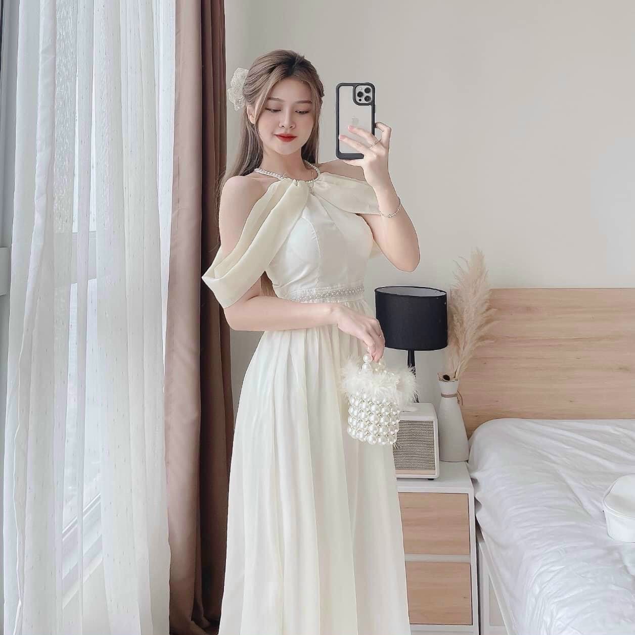 Váy đầm nữ chất liệu voan phối dây cườm cổ