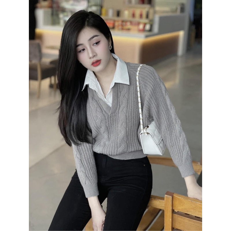 áo len phối cổ sơ mi chuẩn hàng QC