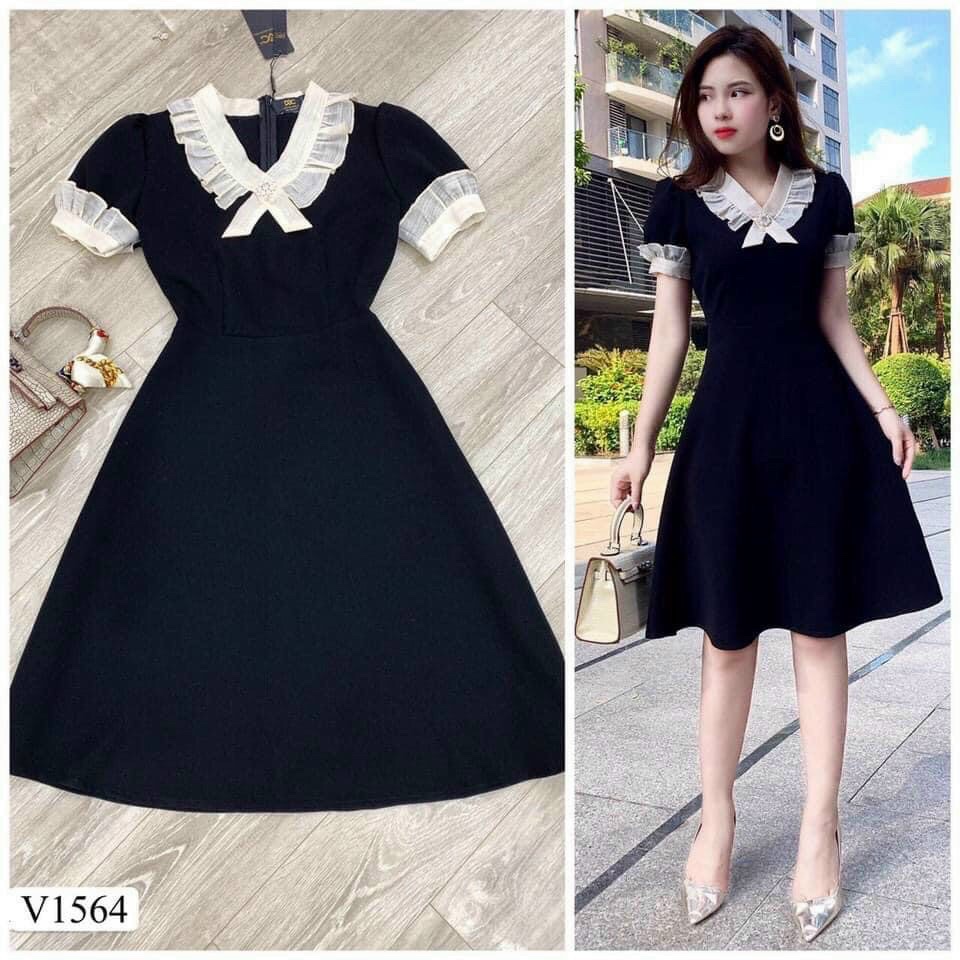 Đầm nữ dự tiệc màu đen phối cổ màu trắng