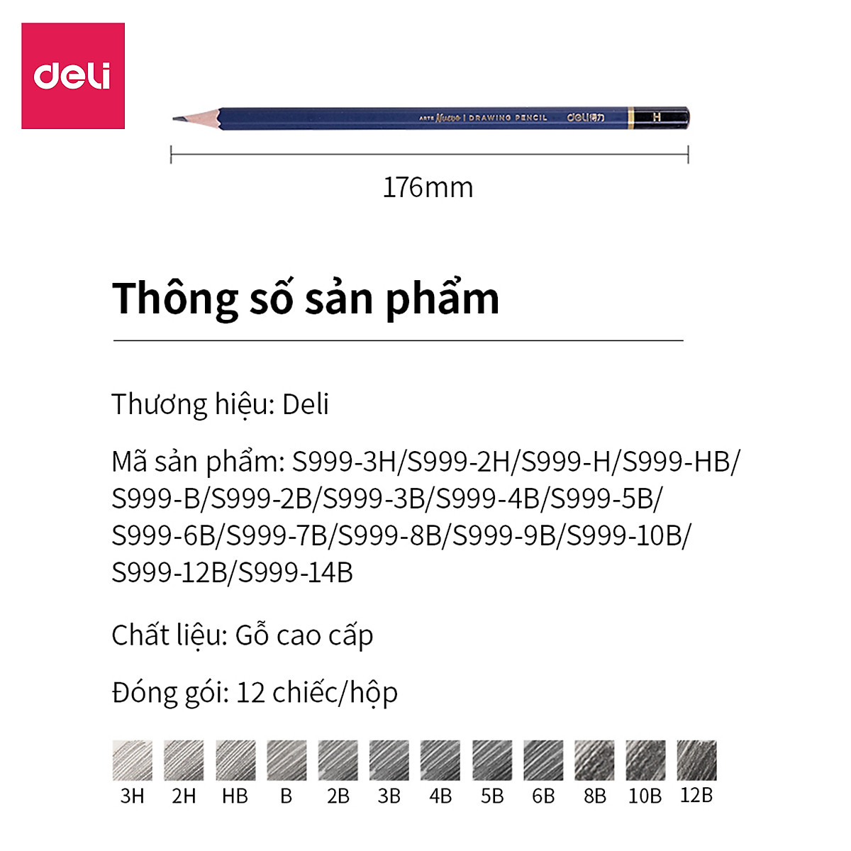 Bút chì phác thảo cao cấp Nuevo Deli | Độ cứng từ HB,B đến 12B chì vẽ tranh mỹ thuật họa chân dung 1 chiếc