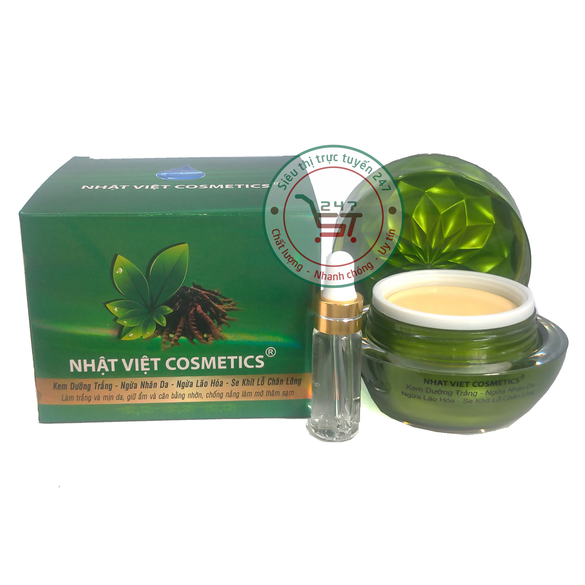 Kem dưỡng Trắng da mặt Ngừa nhăn da Ngừa lão hóa Trà xanh Đông trùng hạ thảo Nhật Việt 25g (Xanh lá)