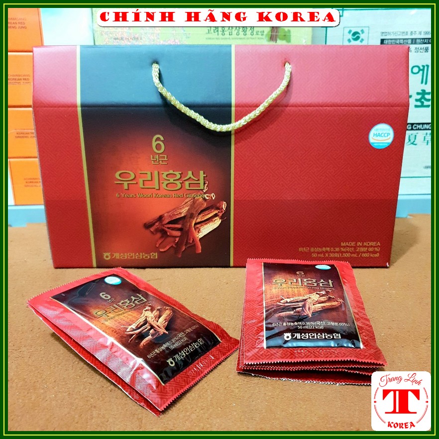 Nước hồng sâm hàn quốc chính hãng Woori, xách 30 gói - Tăng đề kháng, giảm stress, phòng ung thư, tranglinhkorea