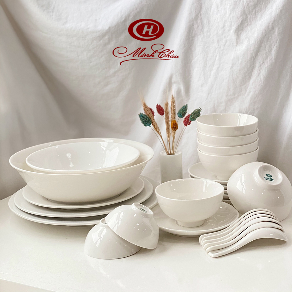 Bộ Bát Đĩa Trắng Trơn 25 Món - Sứ Minh Châu