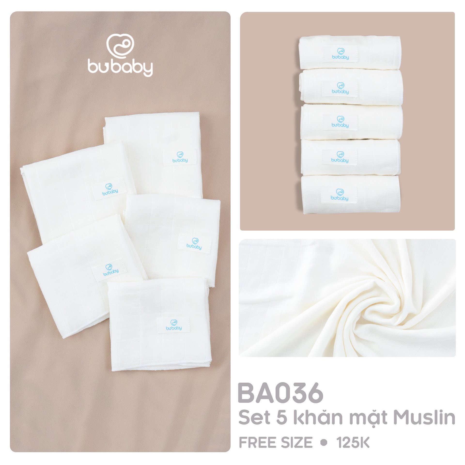 Set 5 khăn mặt Muslin trẻ em Bu