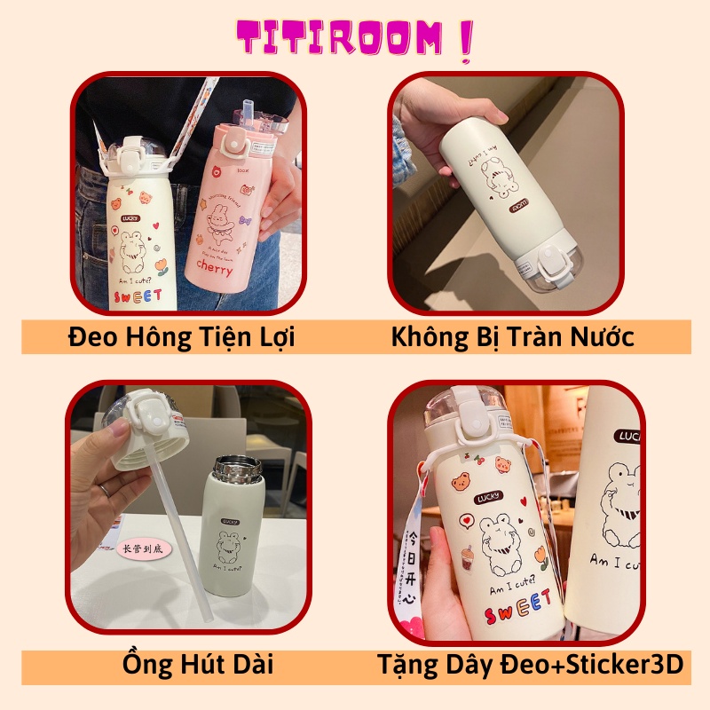 Bình giữ nhiệt đựng nước dung tích 500ml INOX 304 thép không gỉ dễ thương Ly Cốc giữ nhiệt có ống hút kèm sticker và dây