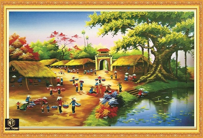 Tranh đính đá Phong cảnh Phiên chợ quê VS175 KT: 100cm x 65cm Siêu Thị Tranh Thêu