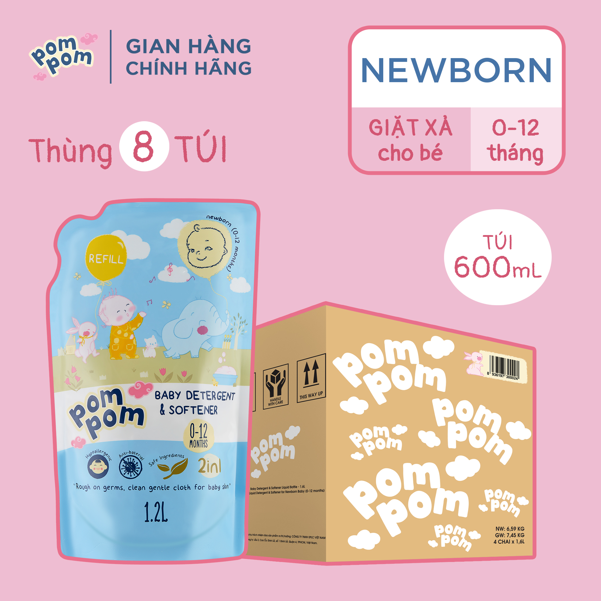 Thùng 8 Túi Nước Giặt Xả Em Bé Pom Pom Newborn Kháng Khuẩn Dịu Nhẹ Cho Bé
