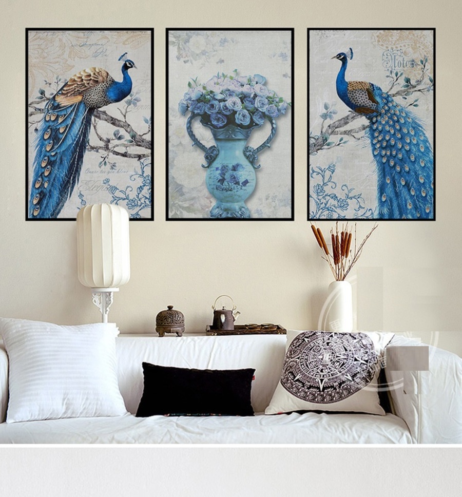 Lalashop - Tranh nghệ thuật treo tường Bộ 3 tấm Tranh canvas treo tường đôi chim công xanh và bình hoa quý tộc, tranh gỗ Tranh trang trí phòng khách