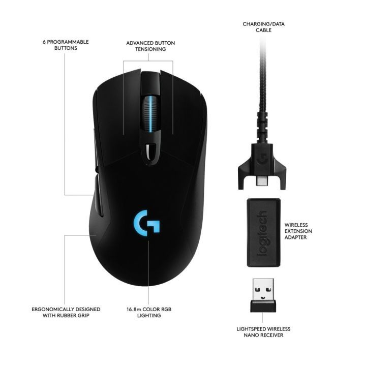 Chuột không dây Logitech G703,Chuột Gaming Không Dây,có Led - Pin sạc - Có cáp, độ bền và hiệu suất vượt trội