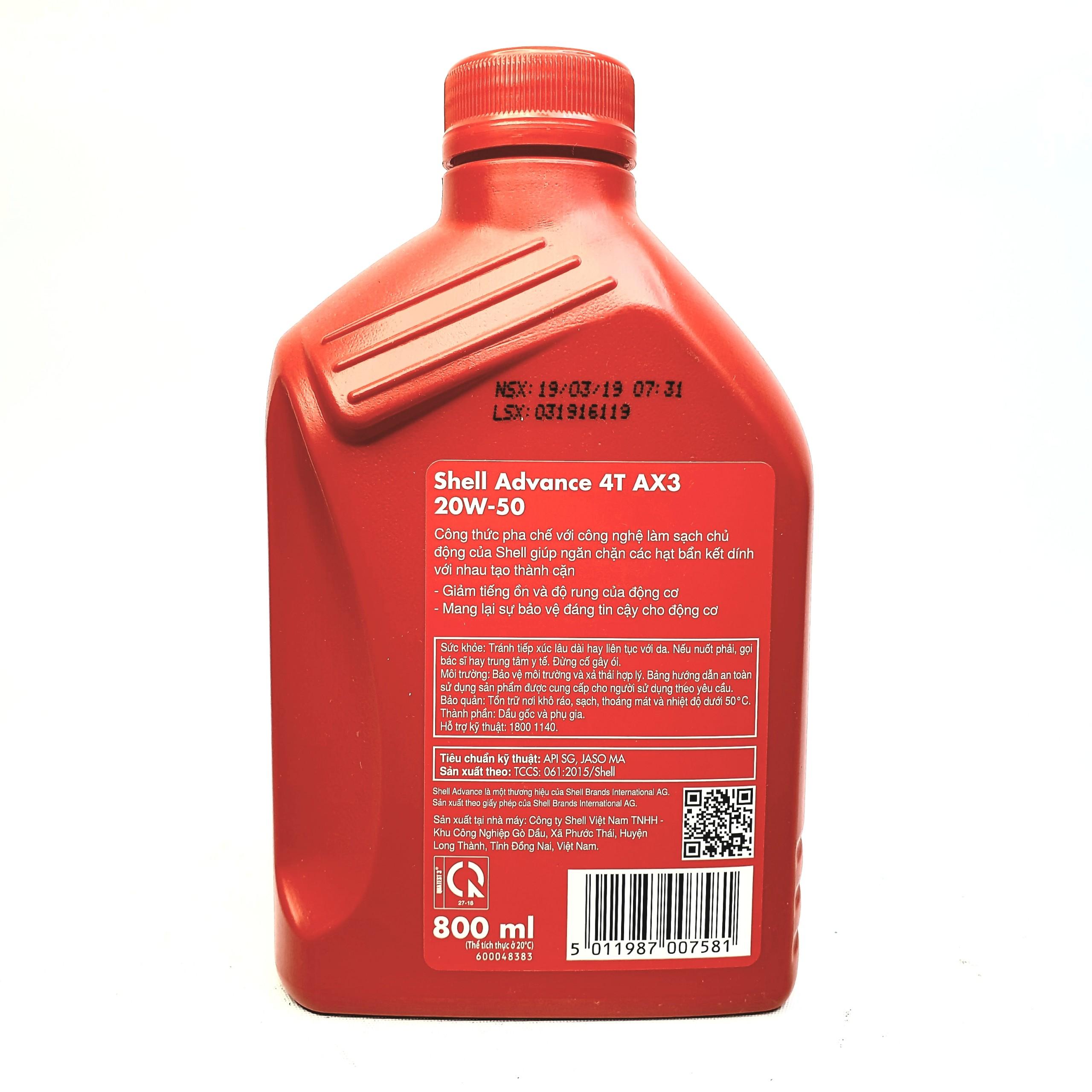 [HCM]SHELL ADVANCE AX3 20W50 800ml Nhớt xe số