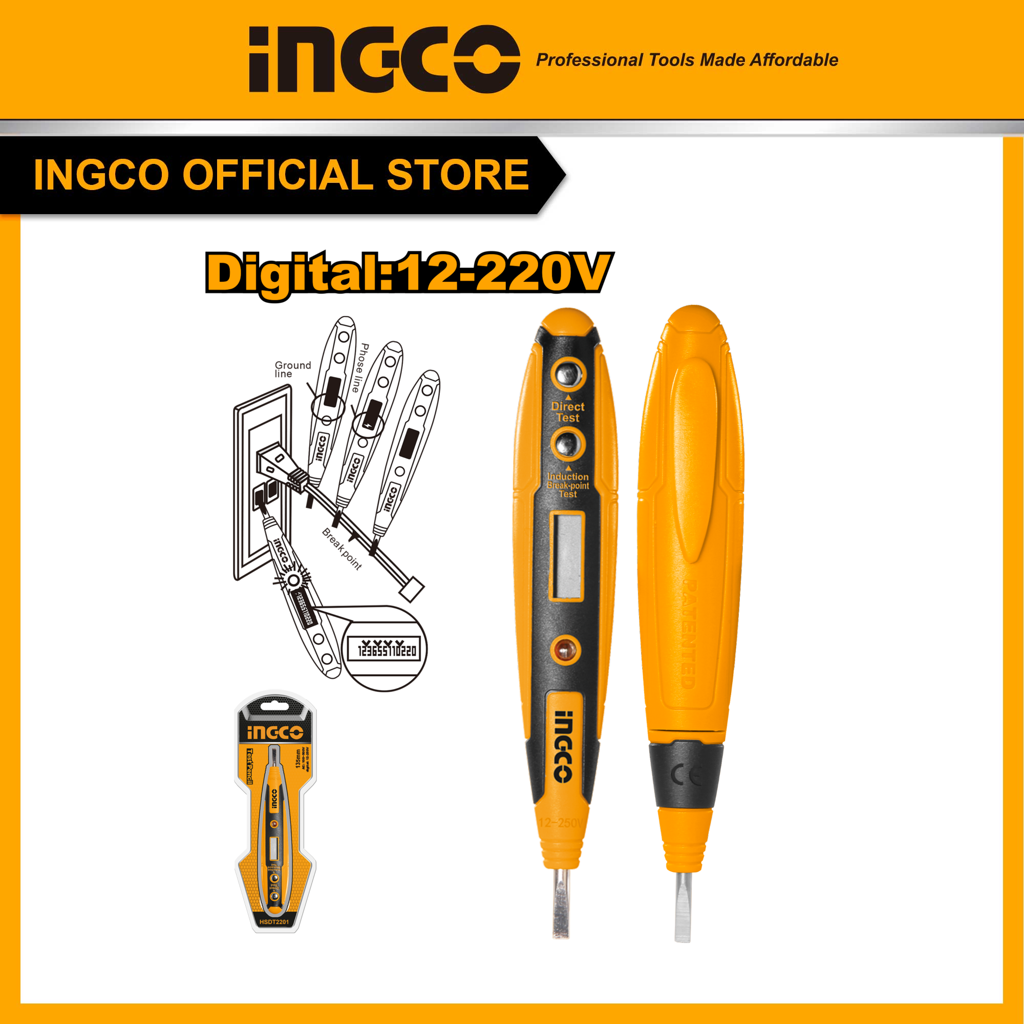 Bút thử điện điện tử Ingco HSDT2201 đo điện áp AC100-500V đo kỹ thuật số 12-220V và kiểm tra dòng điện thông mạch