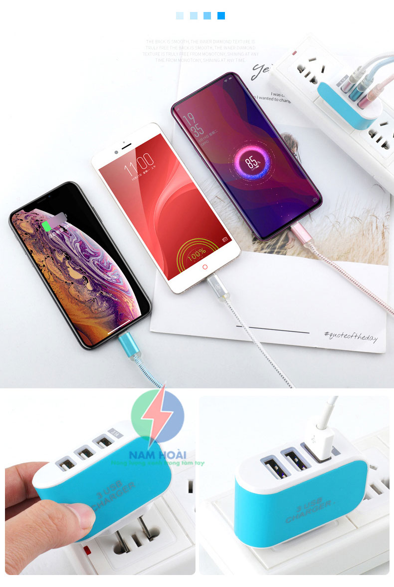 Cốc Sạc 3 Cổng USB Có Đèn LED Nhiều Màu